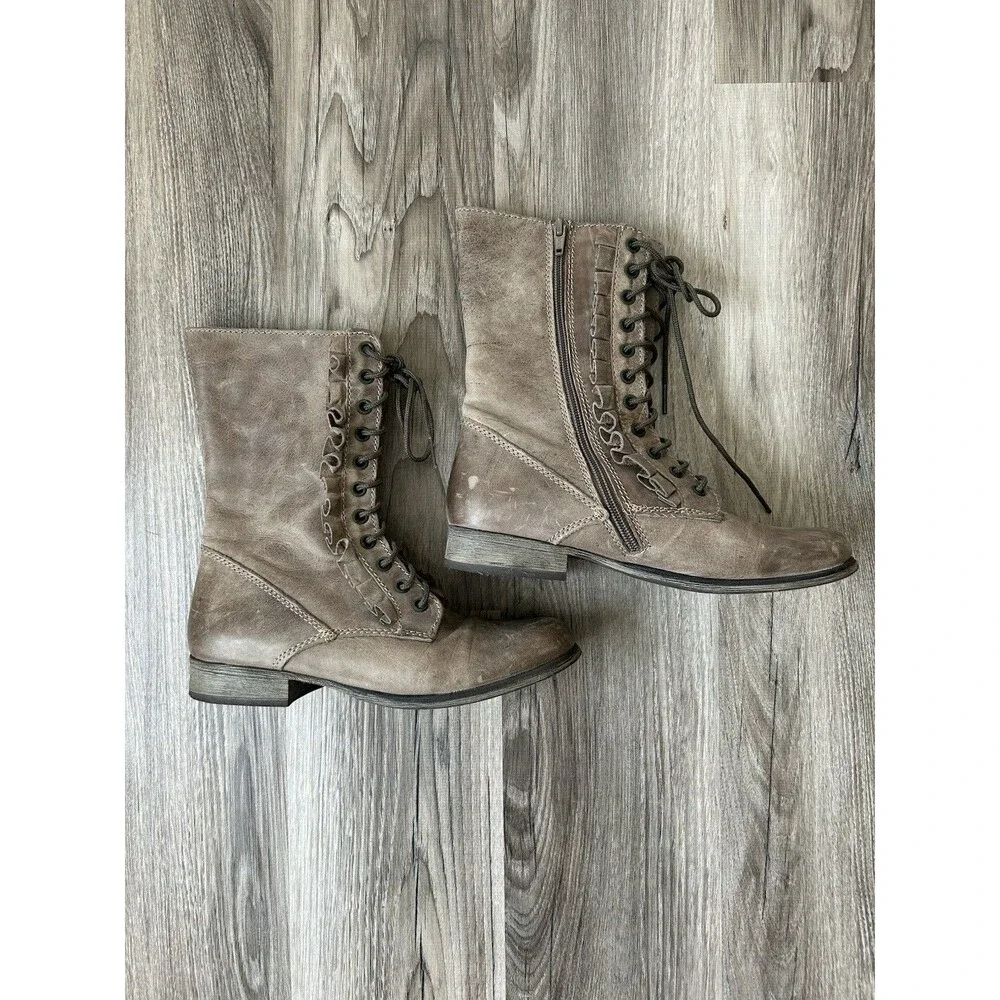 Betsey Johnson Litza Combat Boots 7 Taupe Distressed Ruffle Mid Calf Zip Grunge
